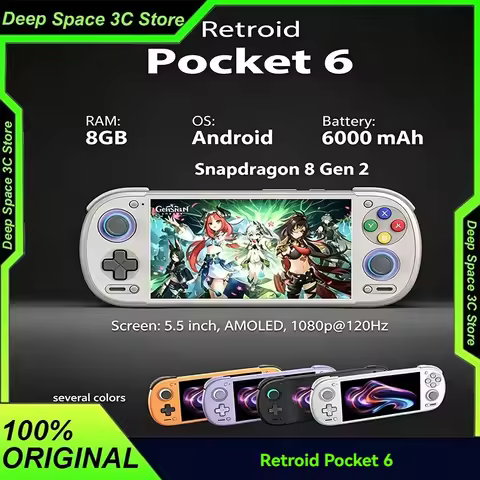 In Stock Retroid Pocket 6 Handheld Android Gaming Console 8Gen2 5.5 Inch 120Hz AMOLED Screen WiFi7 B