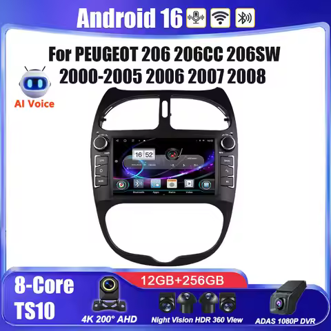 Android 16 For PEUGEOT 206 206CC 206SW 2000-2005 - 2008 Multimedia Radio Car Player GPS Navigation D
