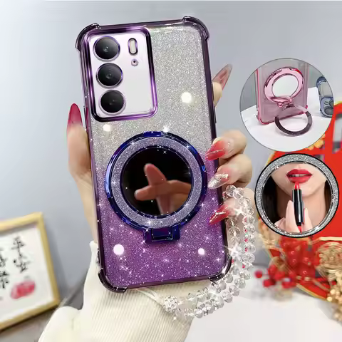Glitter Four-Corner Shockproof Phone Case with Mirror Stand Beaded Strap For Oppo Realme C75 C75x 14
