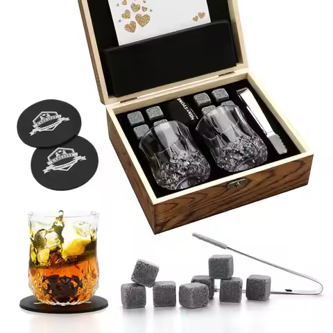 Whiskey Stones & Glasses Set With Coasters, Granite Ice Cubes For Whisky, Whiski Chilling Rocks In W