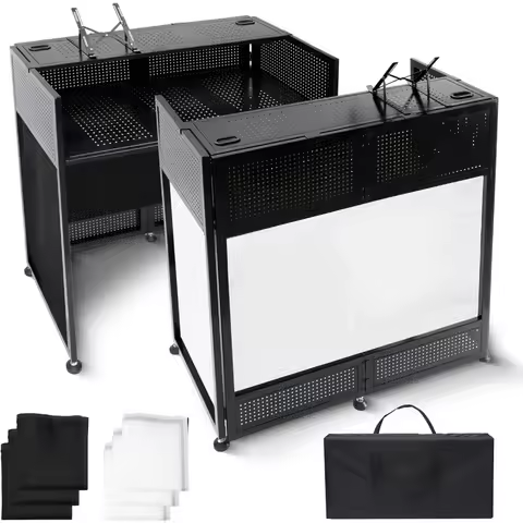 Foldable Portable DJ Booth Table Stand with Adjustable Facade White Black Scrim Panel for Wedding Pa