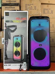ลำโพงบลูทูธ รุ่นBTS-1387 ขนาด10*2ดอก ฟรีไมค์ลอย/รีโมท รองรับAUX/TF/USB ปรับเบส/แอคโค่ได้ ทรงสวยมีล้อ