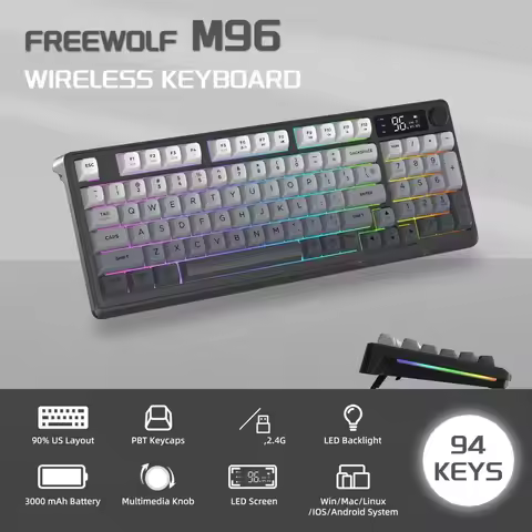 FREEWOLF M95 M96 Wireless Gaming Keyboard, Knob Control BT/2.4g,RGB LED Backlight Display, Pbt Keyca