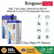 EBL 27pcs 28pcs 280mAh 6F22 9V Ni-MH Battery 9V 600mAh Li-ion Rechargeable Battery Beingpower