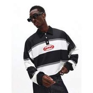 SUMWON Cropped Fit Chicago Text Graphic Rugby Jersey Long Sleeve Striped Polo Shirt Baseball Inspire