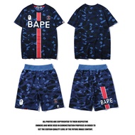 ♈▽▬New Style Street Wear BAPE X PSG Paris Saint-German Joint Camouflage Blue T-Shirt Shorts Men's Pa