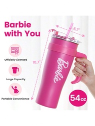 MINISO Barbie 1600mL/54oz Extra - Large Straw Steel Cup, Exclusive Barbie Pink + Convenient Handle, 