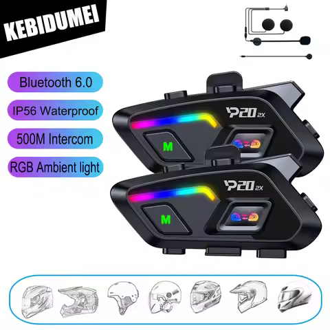 KEBIDUMEI P20 2x BT 6.0 Helmet Headset 500M Half Duplex Intercom Music Sharing with RGB Ambient Ligh