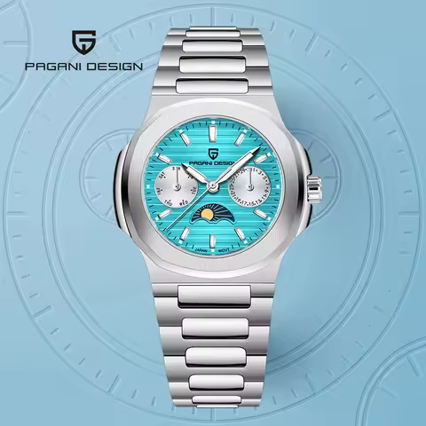 PAGANI DESIGN 2026 New Ice Blue Quartz Women's Watch Moon Phase Automatic Date Chronograph Stainless