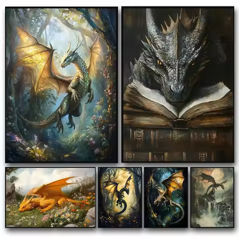 Fantasy Mysterious and Handsome Western Fairy Tales Dragon Art Posters Canvas Printing Living Room B
