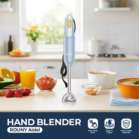 ROUNY Handheld Immersion Blender with Stainless Steel Blades for Kitchen Food Mixing, Light Blue Sti