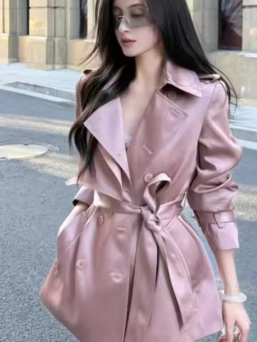 High Quality Autumn Coats with Belt Chic Elegance Light Pink Satin Short Trench Coat for Urban Sophi