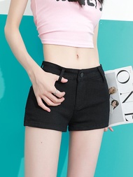 กางเกงขาสั้นยีนส์เอวต่ำยูนิเซ็กซ์ Y2K สีดำ ปิดซิป กระโปรงสั้นสีดำ แฟชั่นฤดูร้อน 2024 กางเกงขาสั้นทรง