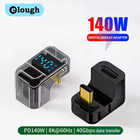 elough 140W U-shaped Elbow Display Type C Female to USB C Male Adapter Fast Charging Transparent Con