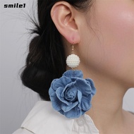 SMILE Blue Rose Earrings, Handmade Denims Denim Blue Fabric Earrings,  Exaggerate Ornament Flower Ea