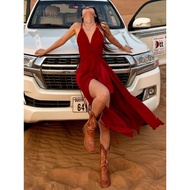 BlackSweety 🖤 Bohemian Halter Dress (Anti-glare Hakama) Long Dress Red Dress Laced-up Dress Vacation
