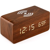 Alarm Clock with Qi Wireless Charging Pad Compatible with iPhone Samsung Wood LED Digital Clock Sound Control Function, Time Date, Temperature Display for Bedroom Office Home