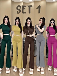Set thời trang siêu HOT áo croptop ngắn tay mix quần ống loe cực tôn dáng Set bộ len tăm áo cổ tròn