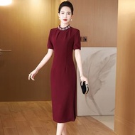 夏季短袖新品酒紅色中長款喜婆婆嫁女兒婚宴禮服媽媽裝連身裙