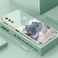 【Free Lanyard】Plating Soft Silicone Square Retro Sunset Clouds Snow Mountain Case For Huawei Nova 3 3i 5T 7i 8i 7 8 9 10 Pro SE Y6 Y7 Y9 Pro Prime 2019 Y6P Y7A Y8P Lens Protection Shockproof Soft Cover