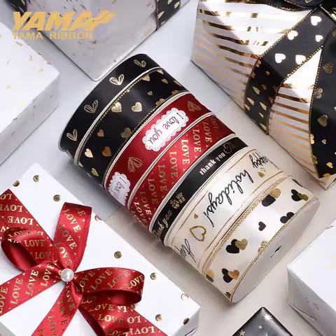 YAMA Gold Foil Printed Ribbon 10yards/roll Heart Series Valentine's Ribbons for Crafts Lover Gifts D
