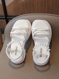 兒童珍珠扁平涼鞋,韓國風格時尚厚底女童涼鞋