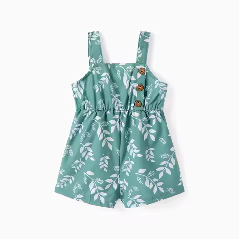 PatPat Baby Girl Leaf Print Snap Front Sleeveless Romper Casual Outfit