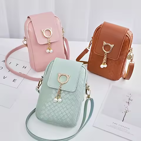 1PC Mini Cross-body Mobile Phone Shoulder Bag Women Fashion Woven Pearl Tassel Cover-style Female PU