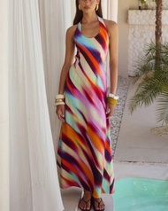 acanza Australian Designer Colourful Halter Backless Maxi Dress XL EU42 Brand New With Tags Kookai D