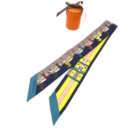 近全新愛馬仕 Twilly Rocabar 馬腰帶絲巾 真絲 海軍藍/灰褐色/黃色 0285 [二手] 愛馬仕