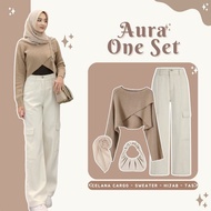 One Set for Women Hijab Style (Cross Sweater + Cargo Pants + Bella Square) Trendy Korean Suit - RF24