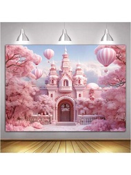 1入組粉色城堡背景裝飾210*150 / 150*100 / 100*75cm,雲端城堡熱氣球背景布條,適用於女孩生日派對裝飾,蛋糕陳列枱,照片攤位,臥室牆飾