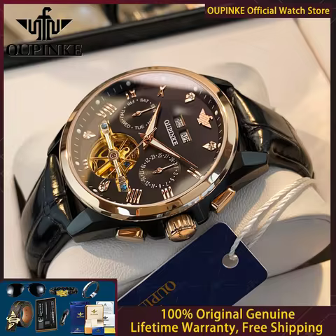 OUPINKE 3186 Men's Watch Luxury Hollow Tourbillon Men Mechanical Fully Automatic Watch Waterproof Ca