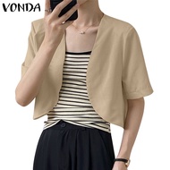 VONDA Women Korean Daily Short Sleeves V-Neck Solid Color Blazer