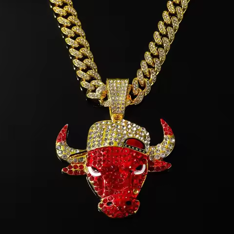 Iced Out Red Bull Head Pendant Necklace Cuban Chain Hip Hop Rhinestone Bull Charm Gold Bling Streetw