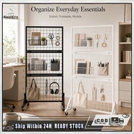 Foldable Mobile Grid Display Rack Pegboard Rack With Wheels Metal Mesh Stand For Snacks Tools Bags C