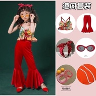 Children's Girl Hong Kong-style outfit suit floral shirt red bell-bottom pants 80s 90s nostalgic ret