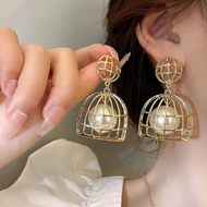 Korean Fashion Exaggerated Pearl Gold Birdcage Drop Earrings S925 Personality For Women Jewelry Accessories