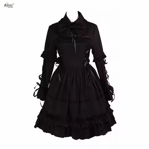 Ainclu Lolita Dress Gothic Style Womens Black Cotton Gothic Long Sleeves Court Lolita Dress XS-XXL F