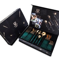 Islandoffer 島嶼製作 304不銹鋼西餐餐具刀叉匙綠金24件連禮盒