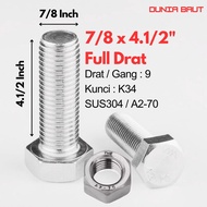 Stainless Hex Bolt 7/8 X 4.1/2 - Hexagon Bolt 7/8X4.1/2 SS304 / SUS304 / A2-70 Full thread