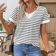 Multicolor Two-Piece Set Women's CCasual Striped Short Sleeve 2 In 1 T-Shirt, Fall Women Clothes Fal