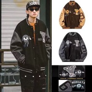 國潮牌字母植絨拼色棒球服夾克男女潮牌街頭oversize休閒情侶外套-黑色 M
