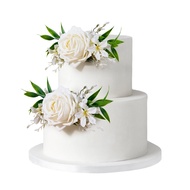 Wedding Flower Cake Decorations 2Piece Pre-arranged Artificial Large White Rose with Green Leaves An