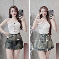 ELWYN a-line skirt, women's embroidered jean skirt, mossy black, size S M L SPG9