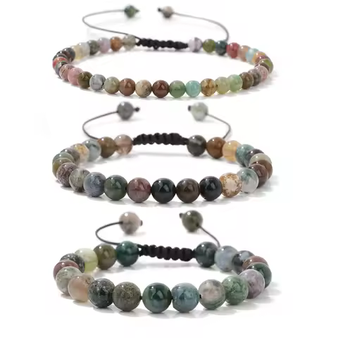 Adjustable Indian Agates Beads Bracelet 4/6/8mm Round Natural Stone Quart Braided Bracelets For Wome