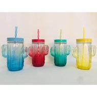 [ON HAND] JCE 12  CACTUS JAR W/ STRAW 450ML /  JAR TYPE OF WALL GLASS / DRINKING JAR TYPE GLASSES/ JAR TYPE GLASS WITH COVER AND STRAW/ DRINKING CUP/ JUICE MUG/ JUICE JAR GLASS