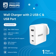 PHILIPS 100W GaN Wall Charger – 2 USB-C + 1 USB-A | PD Fast Charging | UK Plug | White (DLP6332CW/05