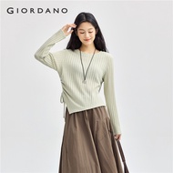 GIORDANO Women T-Shirts Pleated waist Asymmetrical hem T-Shirts Crewneck long sleeve Fashion Casual