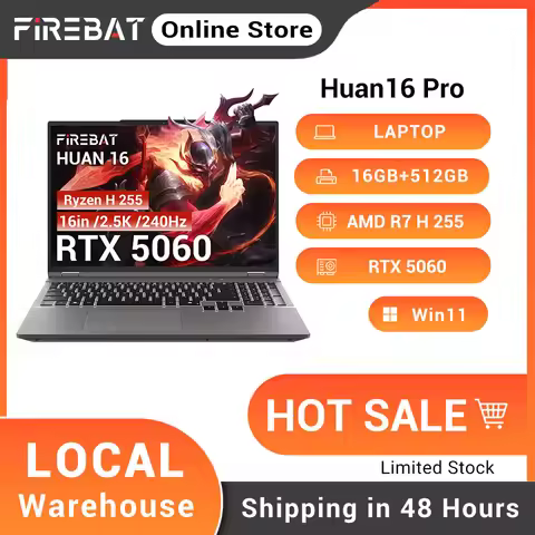 FIREBAT Huan 16 Pro 16" Gaming Laptop AMD Ryzen 7 H255 RTX 5060 DDR5 16GB RAM M.2 512GB SSD WiFi6 BT
